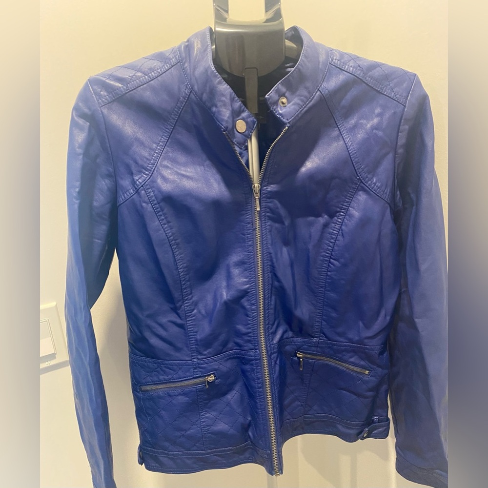 Reitmans Blue Faux Leather Moto Jacket Size Large Biker Style Zip Up - Picture 2 of 13
